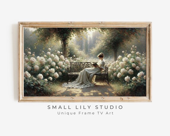 Woman Reading In White Rose Garden Bench Sunlit Romantic Scene Poster