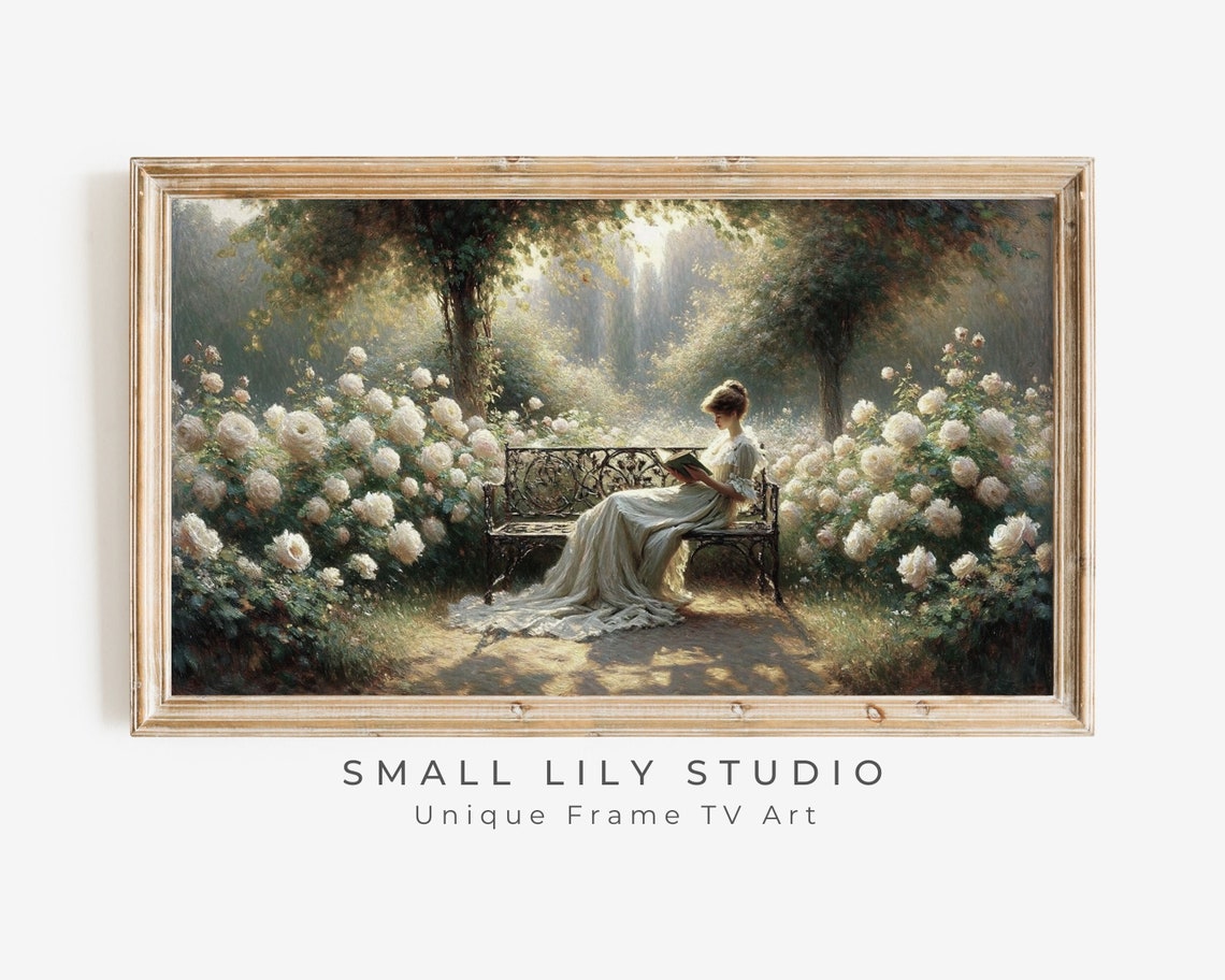 Woman Reading In White Rose Garden Bench Sunlit Romantic Scene Poster