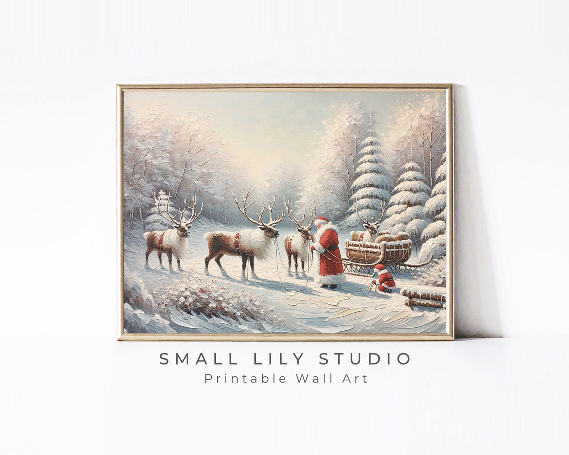 Santa And Reindeer Print Vintage Style Christmas Wall Art Textured Painting Cute Pink Winter Wonderland Picture For Kids P093