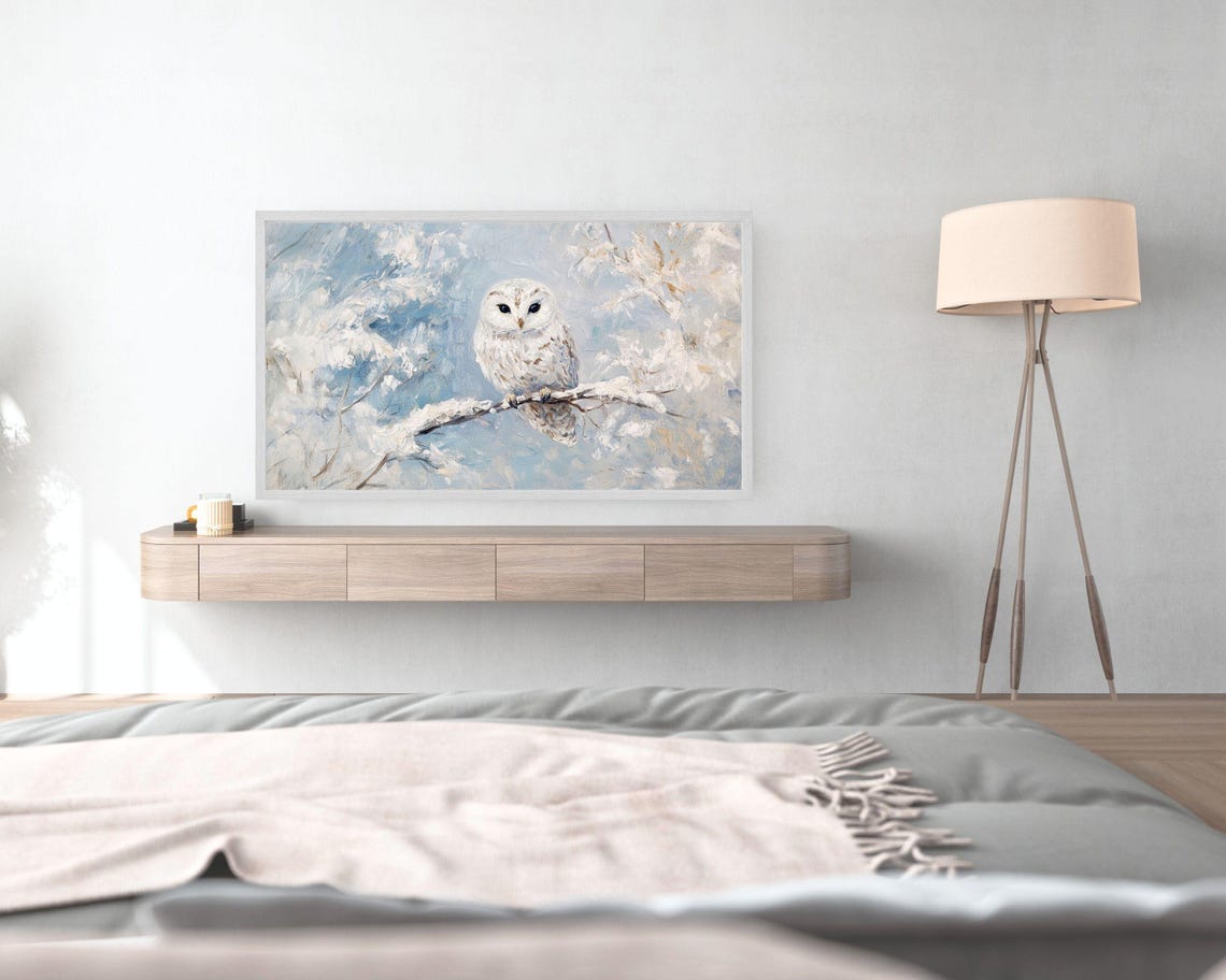 Frame Tv Art Cute Snowy Owl In Winter Landscape Pale Blue White Winter Tv Art Vintage Style Bird Painting Frame Tv Art Tv558 - Image 2