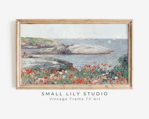 Red Poppies by the Sea Rocky Coast Vintage Impressionist Art Poster