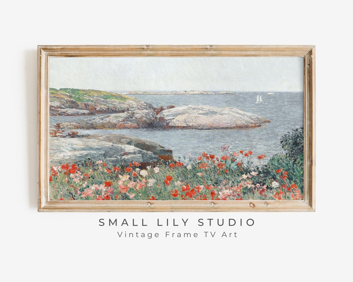 Red Poppies by the Sea Rocky Coast Vintage Impressionist Art Poster