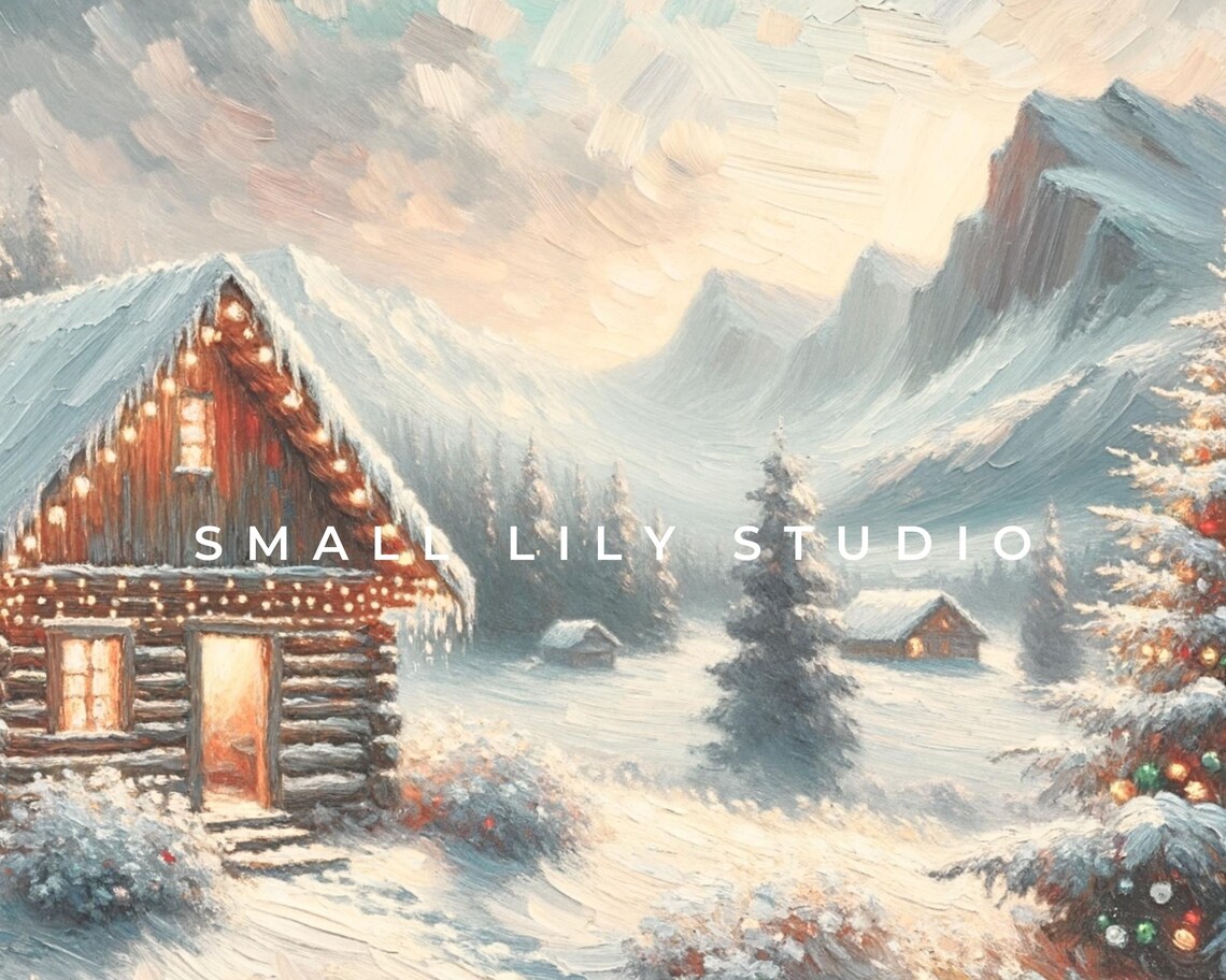 Christmas Cabin Snowy Mountains Lights Festive Winter Painting Poster - Image 4