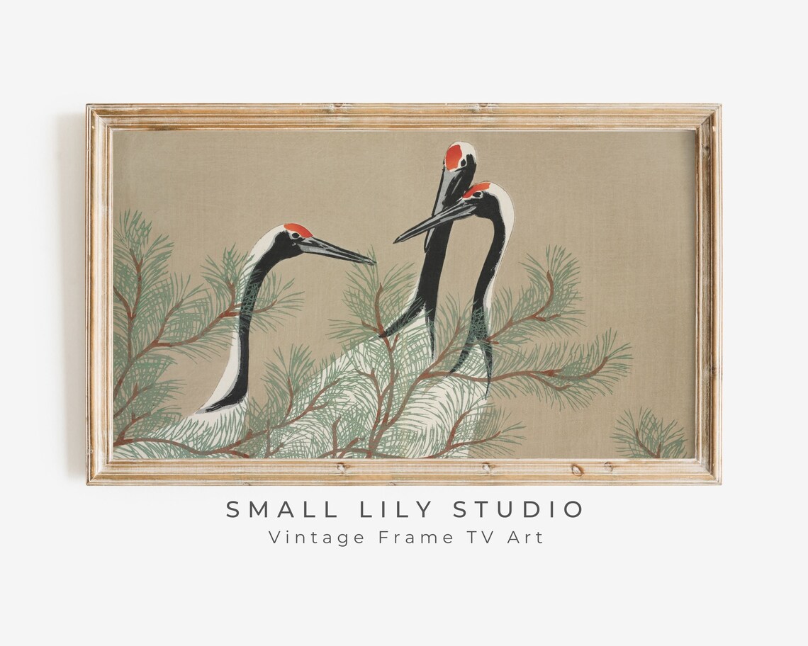 Japanese Red Crowned Cranes Pine Branches Vintage Woodblock Poster