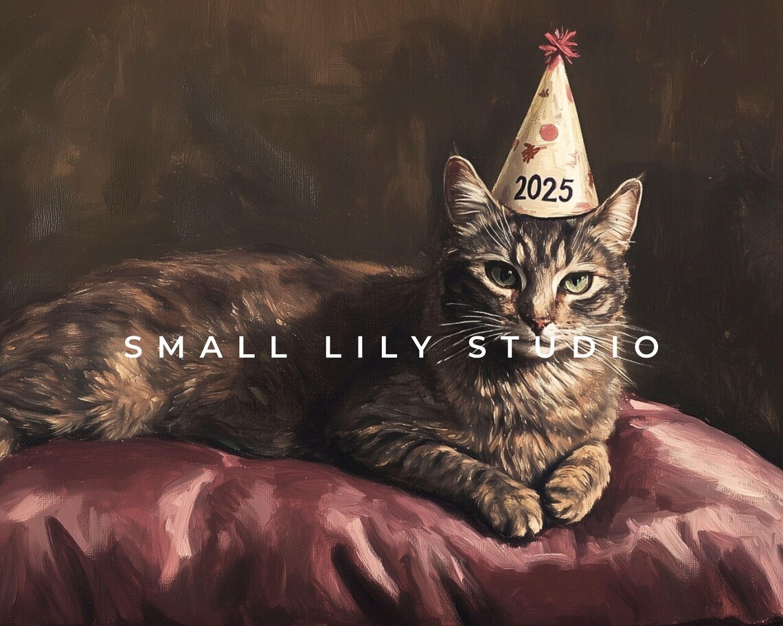Cat in 2025 Party Hat Sitting on Velvet Cushion Moody Vintage Painting Poster - Image 4