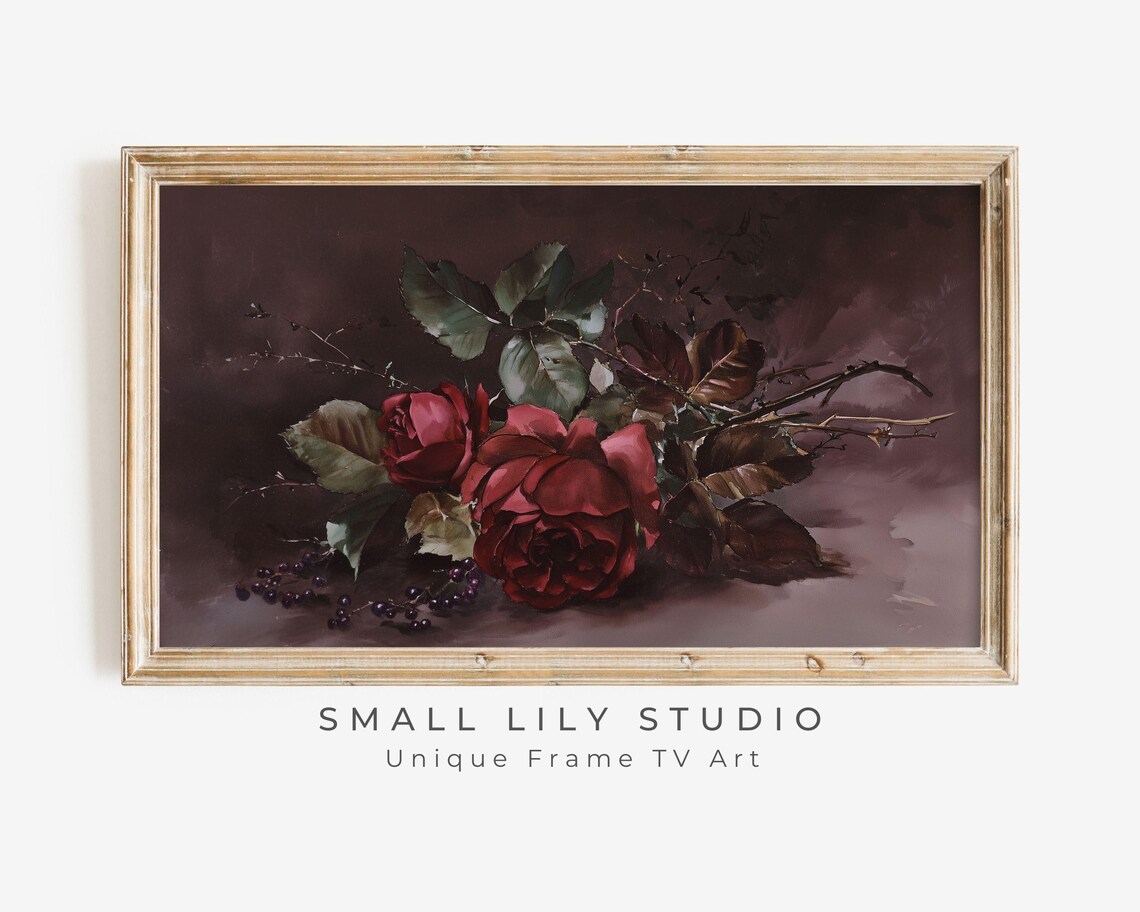 Dark Red Roses With Berries on Moody Burgundy Background Floral Poster