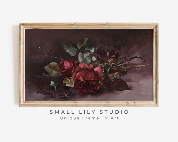 Frame Tv Art Moody Roses Dark Floral Frame Tv Art Valentines Day Art Burgundy Flowers Vintage Style Watercolor Painting Tv618