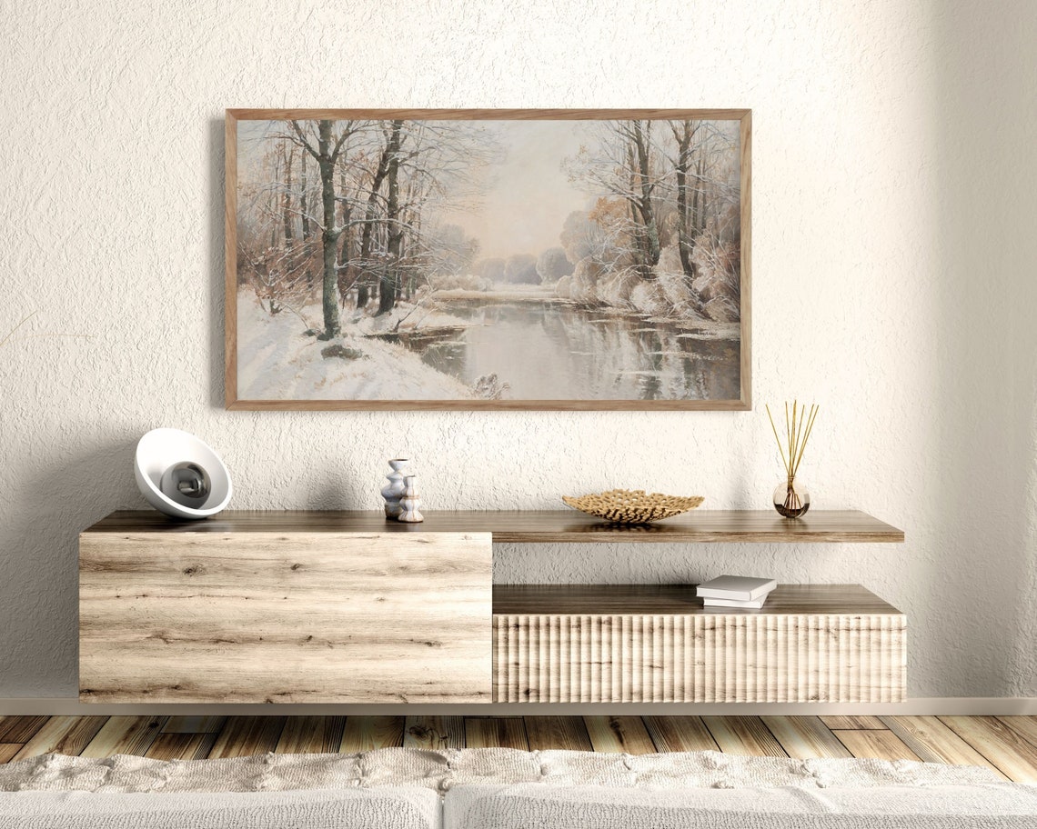 Snow Covered Winter Stream Bare Trees Misty Forest Vintage Art Poster - Image 3