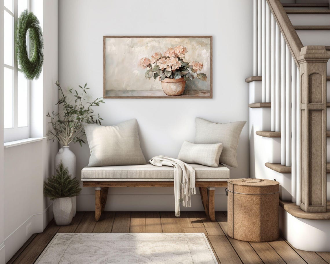 Pink Hydrangeas In Terracotta Pot Vintage Floral Still Life Poster - Image 3