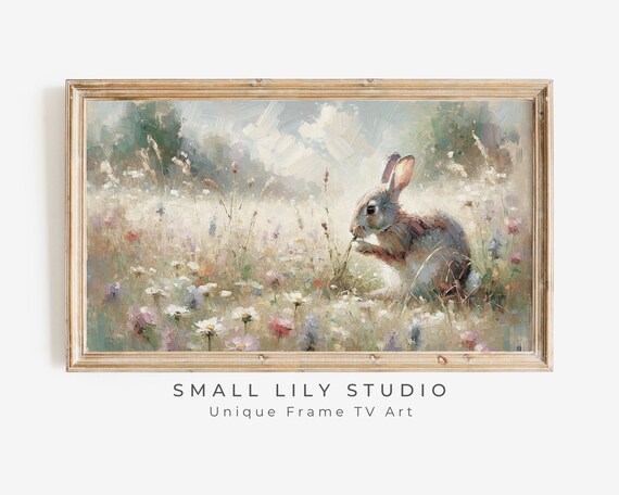 Grey Bunny Rabbit in Wildflower Field Vintage Spring Meadow Wall Art
