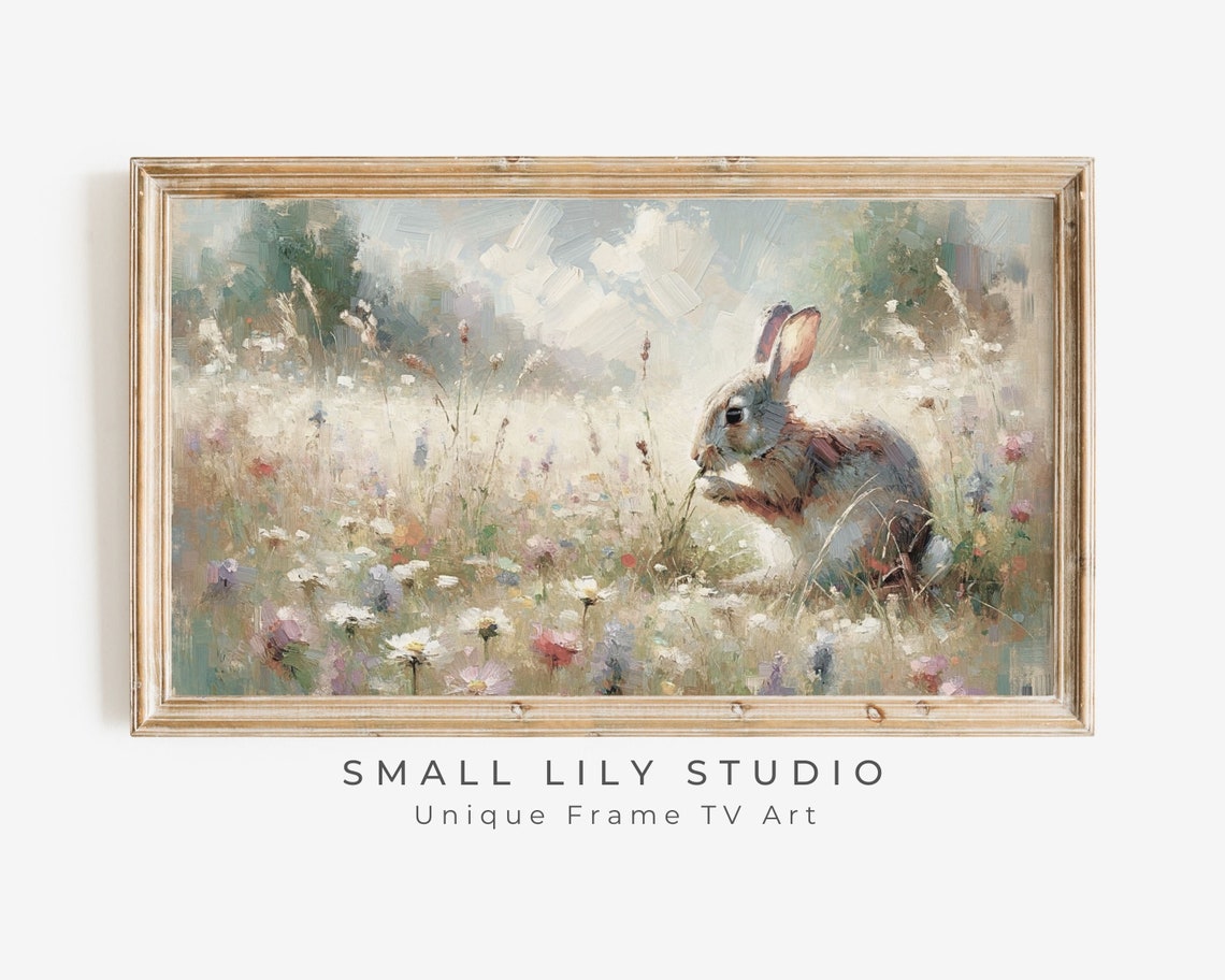 Grey Bunny Rabbit in Wildflower Field Vintage Spring Meadow Wall Art