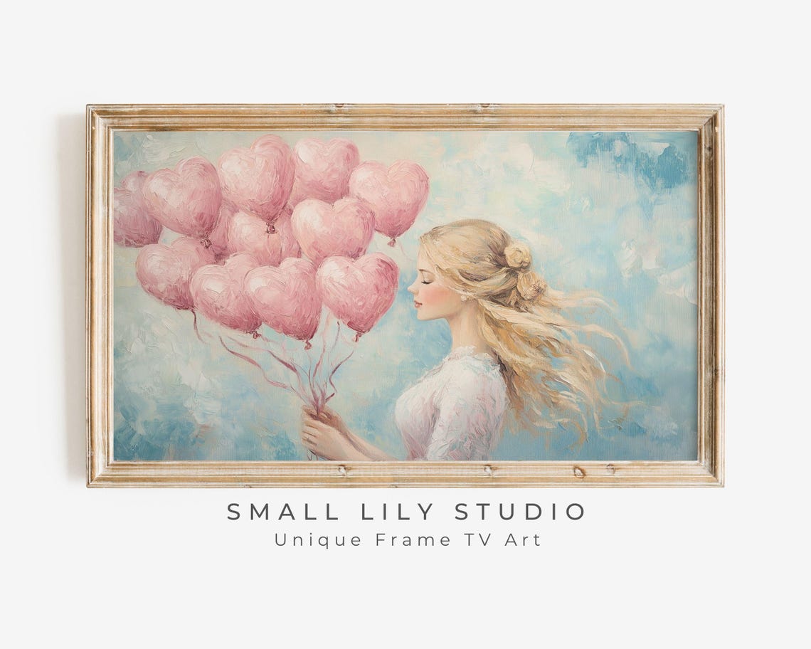 Frame Tv Art Pink Heart Balloons Frame Art Valentines Day Vintage Style Painting Vday Self Love Woman Portrait Pink Blue Tv596