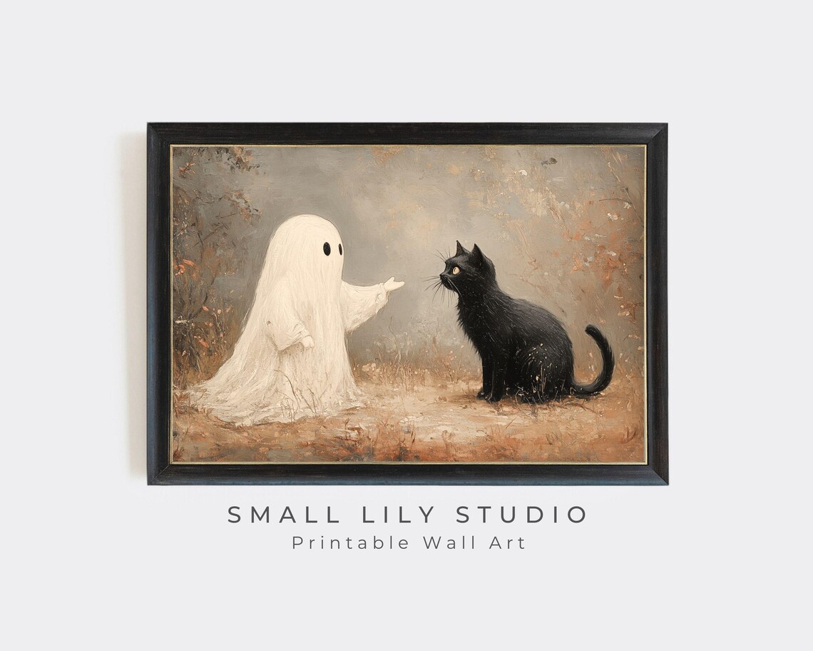 Ghost and Black Cat Spooky Cute Halloween Oil Painting Wall Art - Image 3