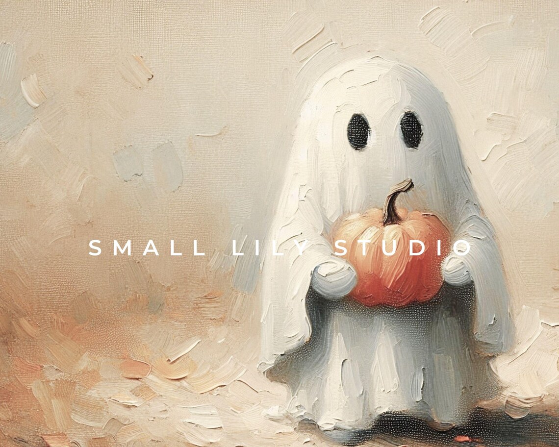 Cute Ghost Holding Pumpkin Neutral Minimalist Halloween Painting Poster - Image 4