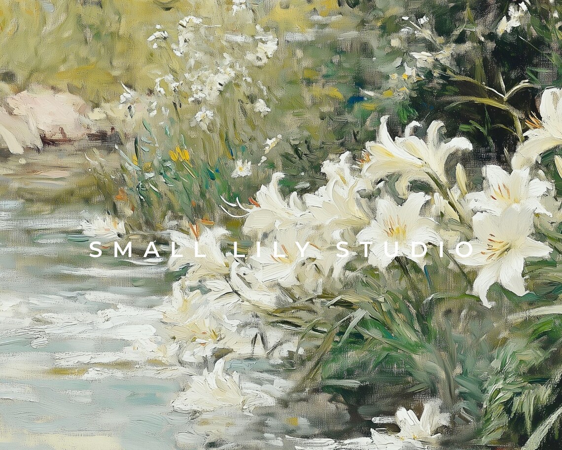White Lilies Growing by a Tranquil Pond Vintage Garden Landscape Poster - Image 4