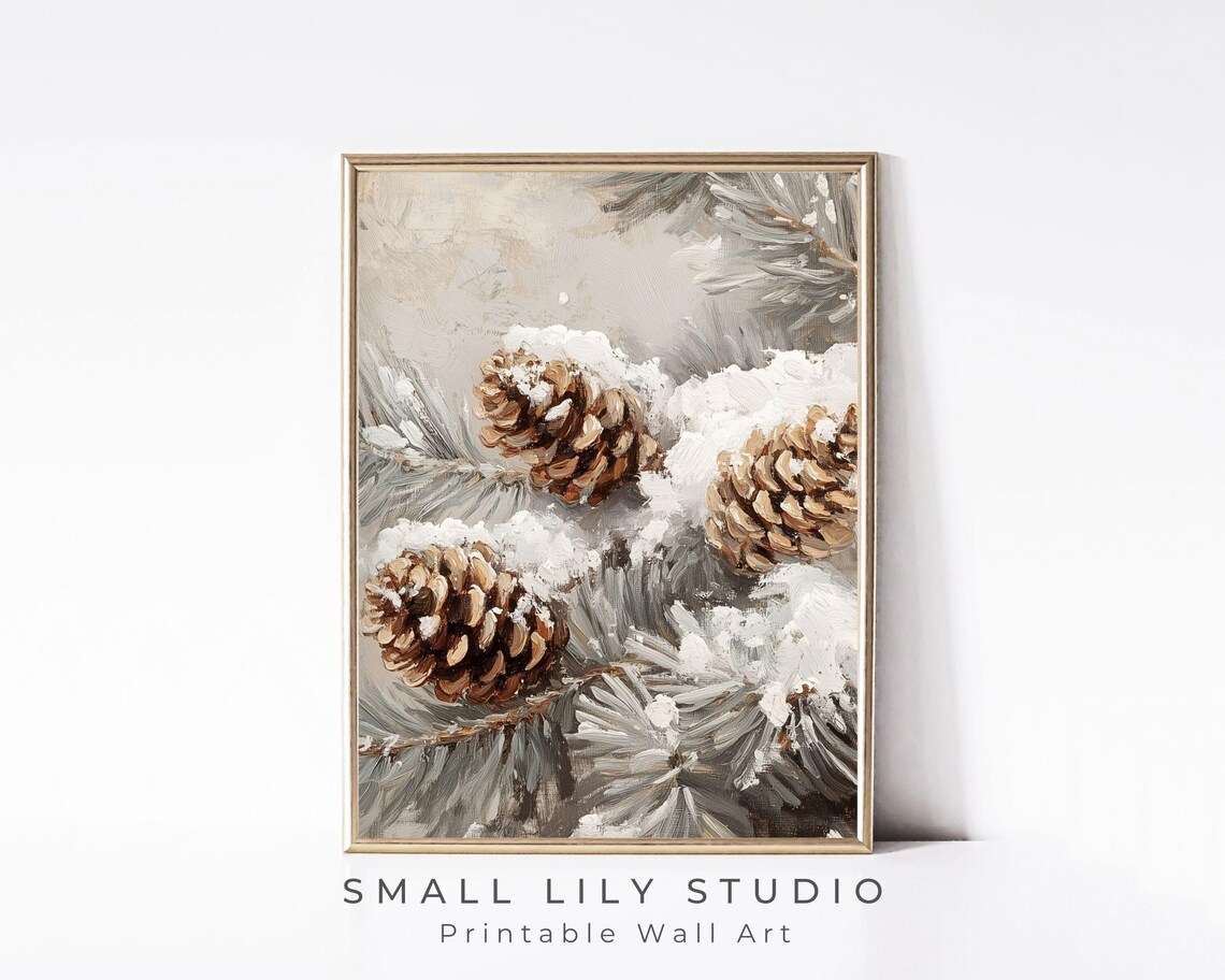 Snow Dusted Pinecones on Frosty Branches Vertical Neutral Winter Poster