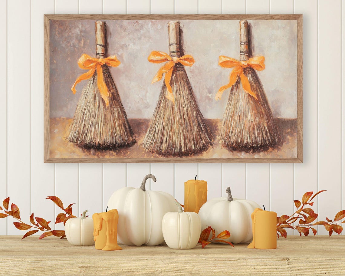 Witch Brooms Orange Bows Rustic Fall Halloween Painting Poster - Image 2