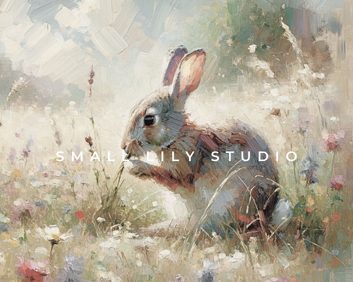 Grey Bunny Rabbit in Wildflower Field Vintage Spring Meadow Wall Art - Image 4