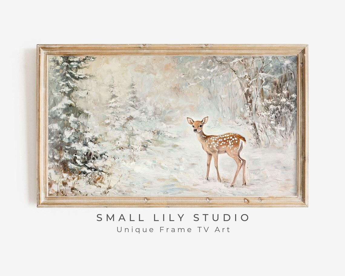 Baby Deer in Forest, Neutral Winter Art Print