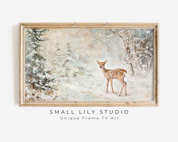 Baby Deer in Forest, Neutral Winter Art Print