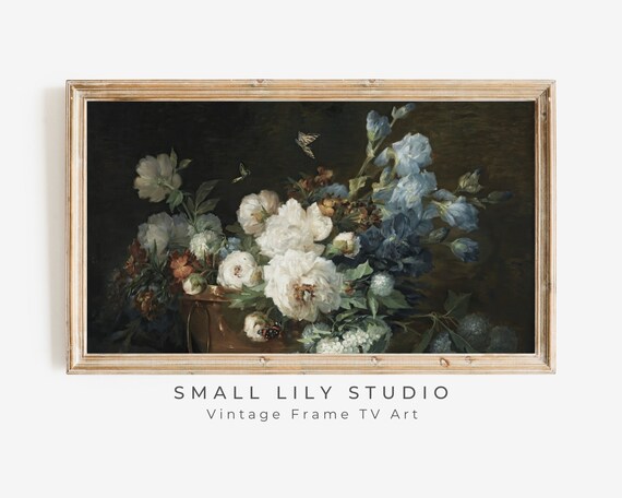 Frame Tv Art Moody Flowers Blue Moody Floral Tv Background Frame Tv Art Vintage Flower Still Life Farmhouse Painting Dark Tv69