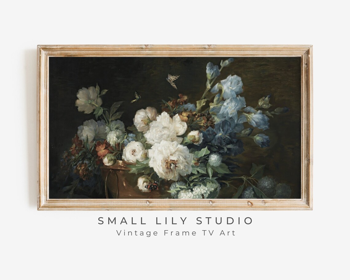 Blue and White Blooms With Butterfly Dark Vintage Botanical Art Poster