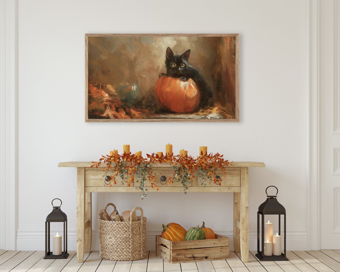 Black Cat Hugging Pumpkin Fall Vintage Halloween Painting Poster - Image 4