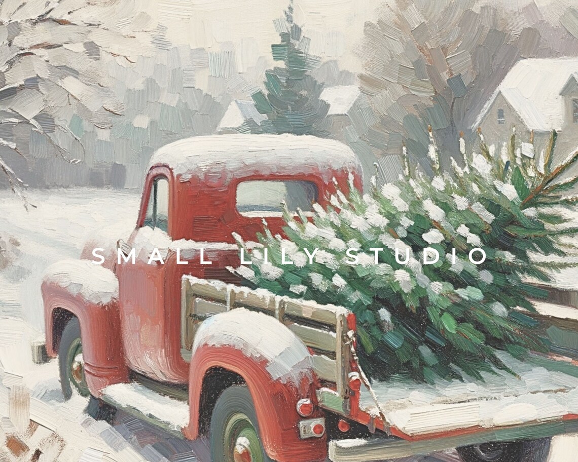 Red Truck With Pine Tree Christmas Art Print - Image 4