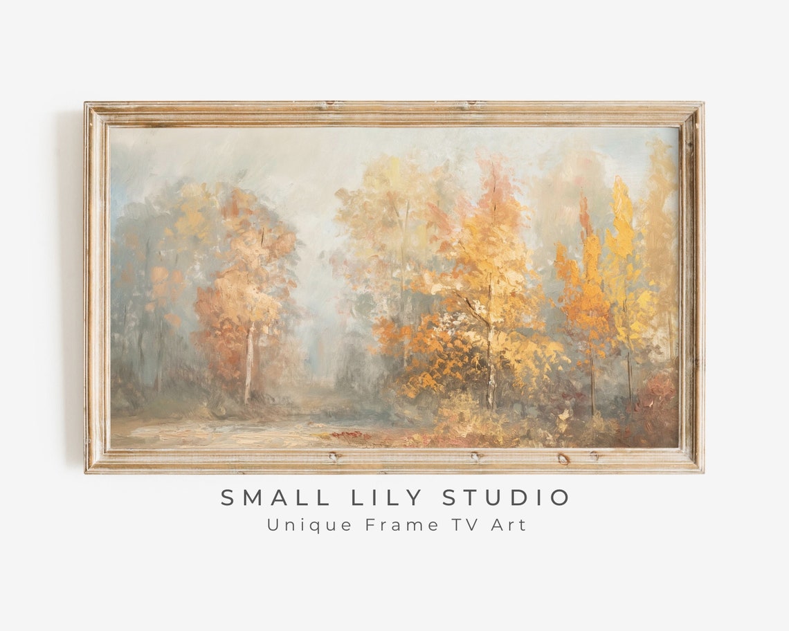 Misty Autumn Forest With Golden Orange Trees In Fog Painting Poster
