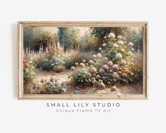 Kittens In Cottage Garden Flowers Impasto Oil Painting Vintage Poster
