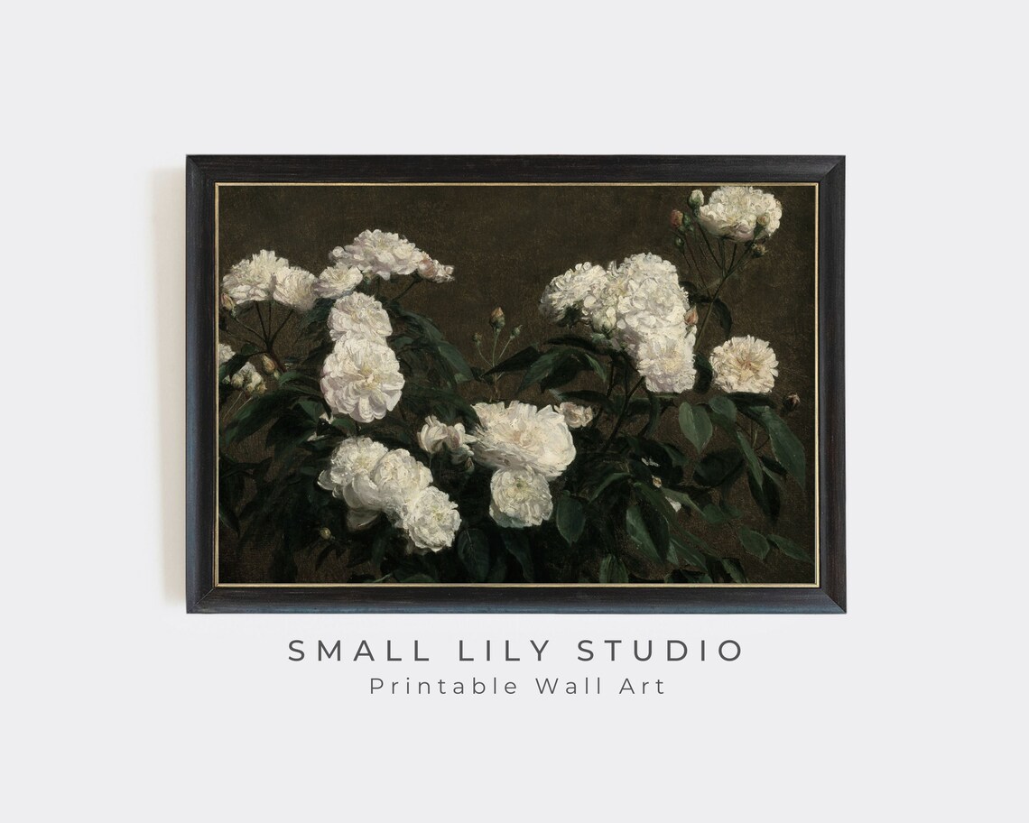White Roses Bush Dark Background Vintage Botanical Painting Poster - Image 2