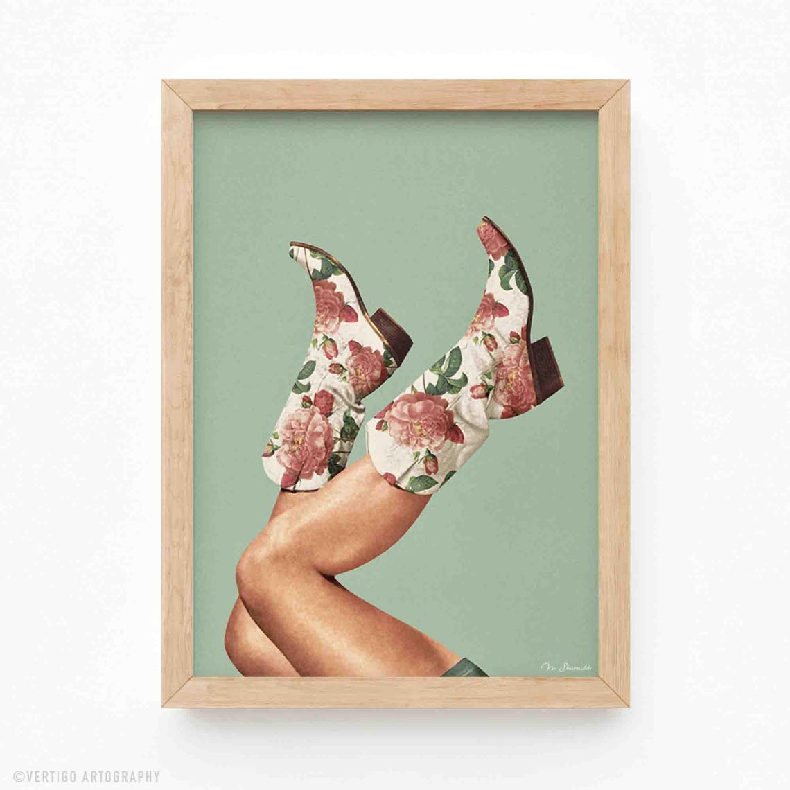 Floral Rose Cowboy Boots Kicked Up Sage Green Western Wall Art