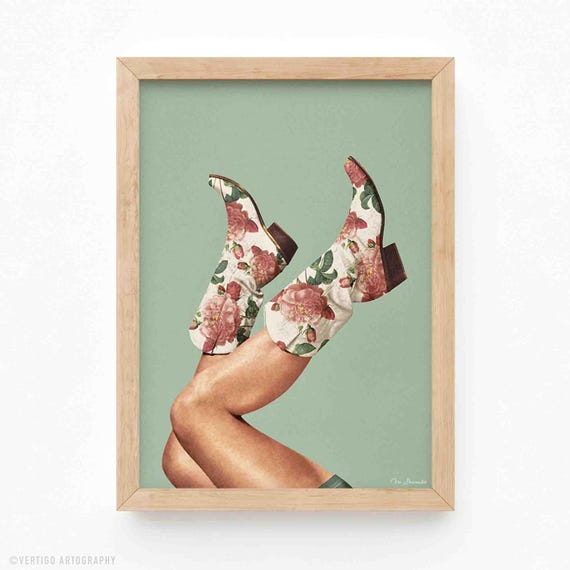 These Boots Floral Cowgirl Art Print Green Boho Rodeo Decor