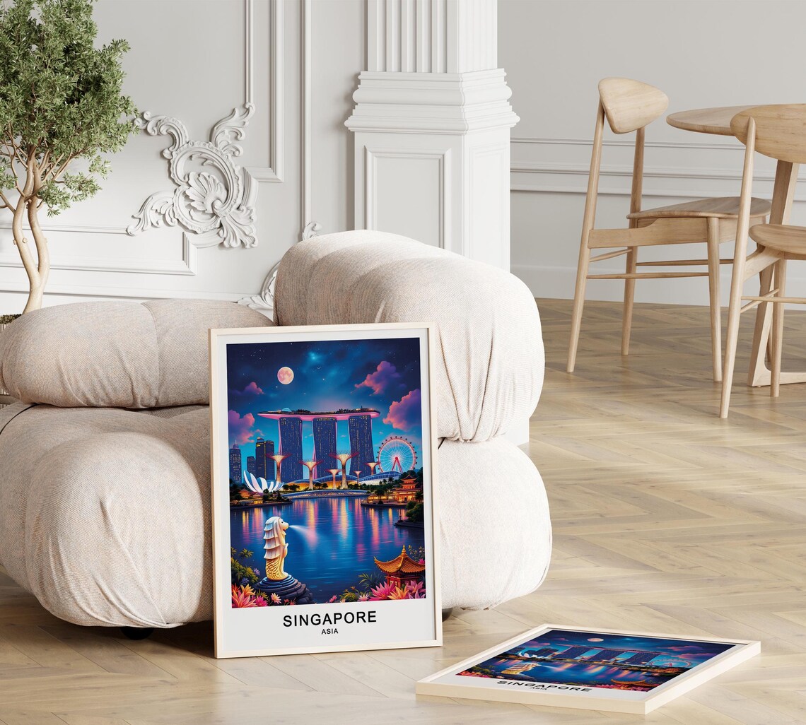 Singapore Marina Bay Sands Merlion Night Skyline Moon Water Reflections Travel Poster - Image 3