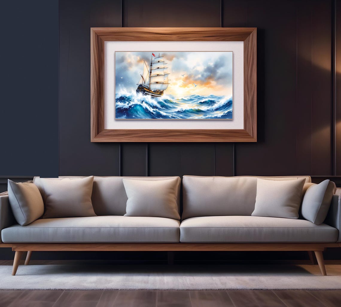Tall Ship Stormy Sunset Ocean Waves Sailing Vessel Wall Art Print - Image 4