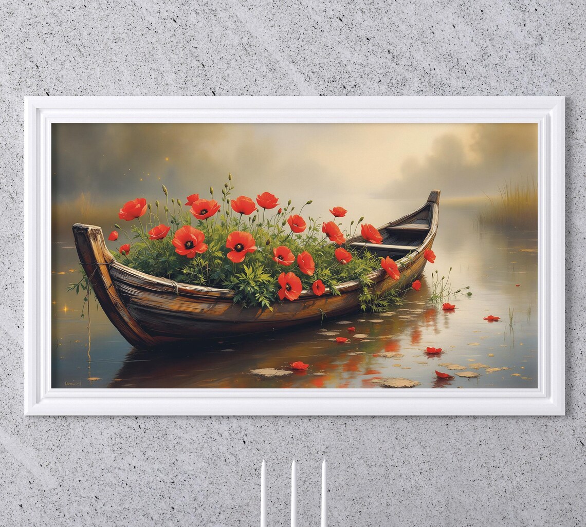 Wooden Boat Full of Red Poppies Misty Lake Oil Painting Wall Art - Image 2