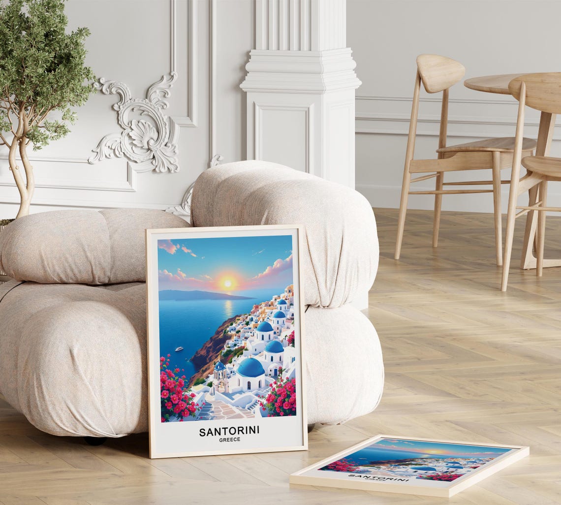 Santorini Greece Blue Domes Caldera Sunset Bougainvillea Poster - Image 3