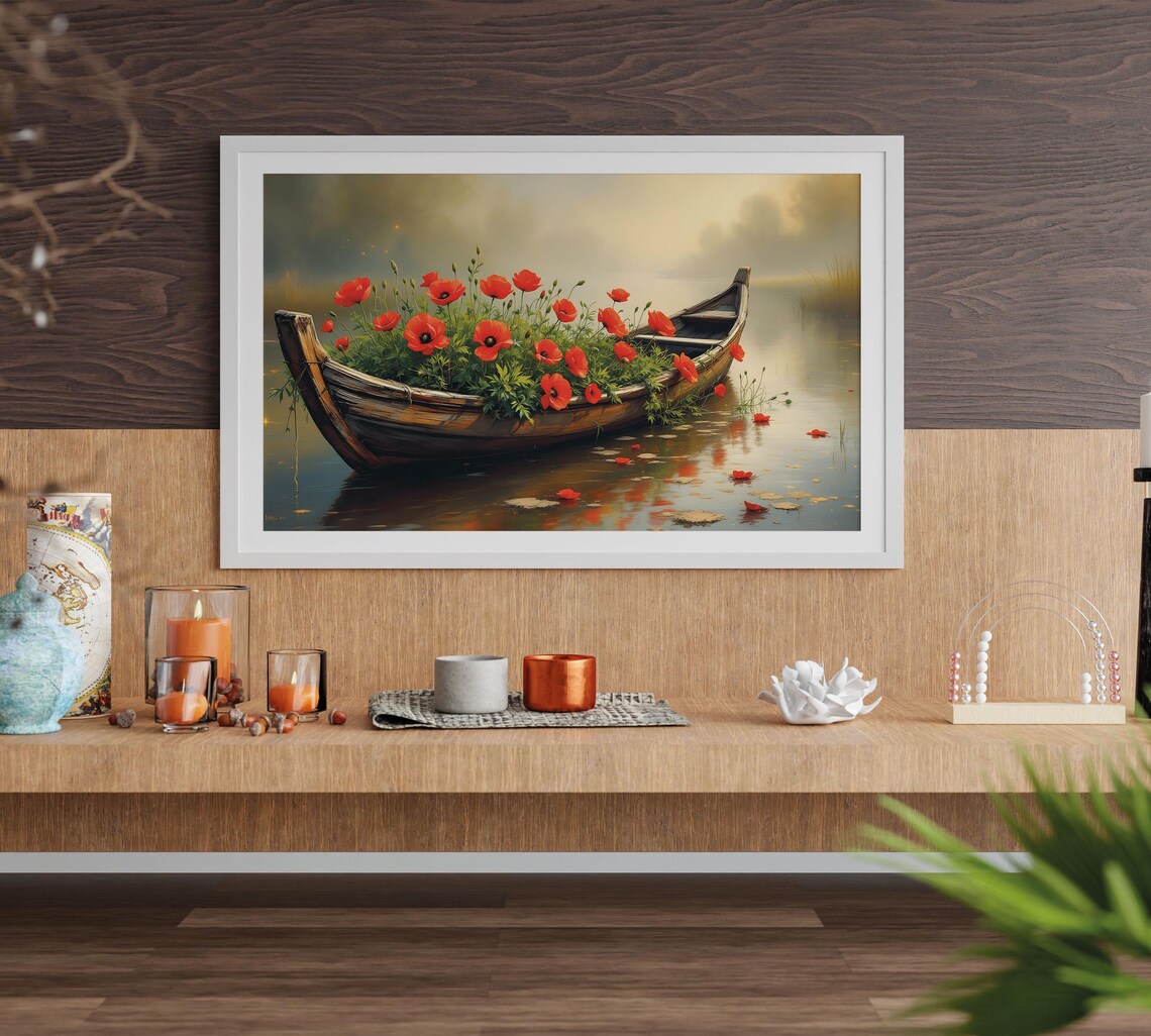 Wooden Boat Full of Red Poppies Misty Lake Oil Painting Wall Art - Image 4