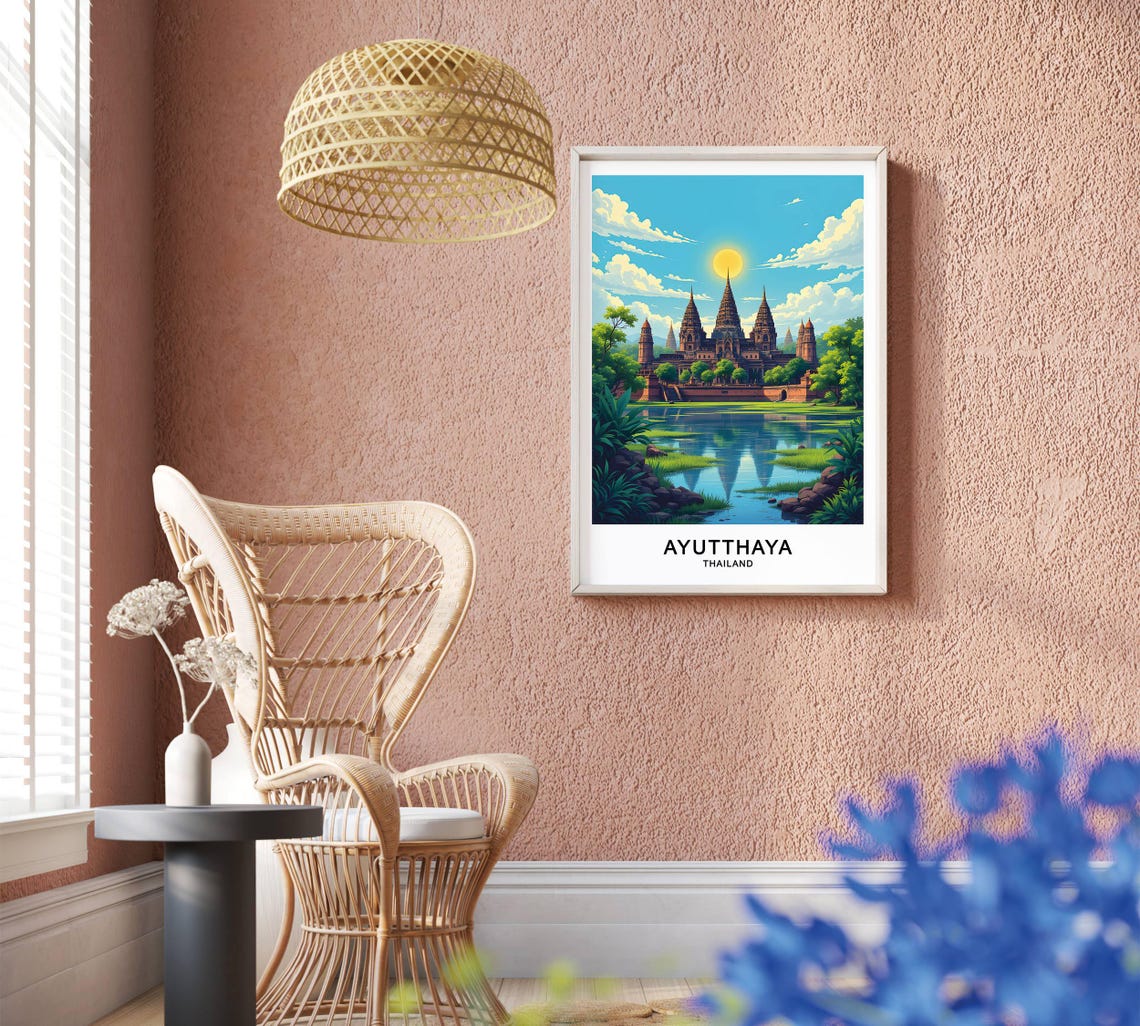 Ayutthaya Thailand Ancient Temple Spires Still Water Reflection Poster - Image 2