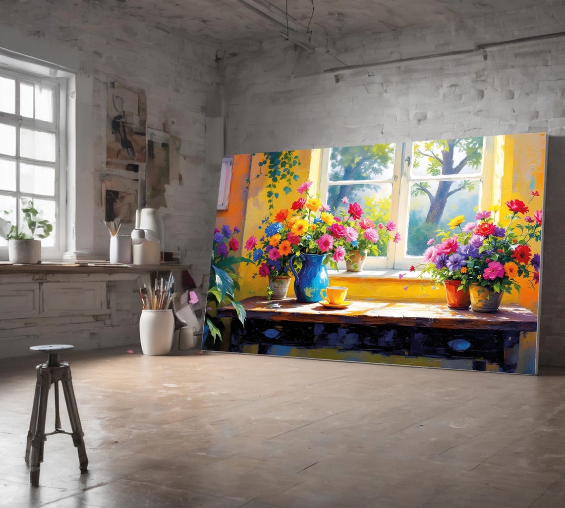 Colorful Flower Bouquet Blue Pitcher Yellow Cup Sunny Window Wall Art - Image 5
