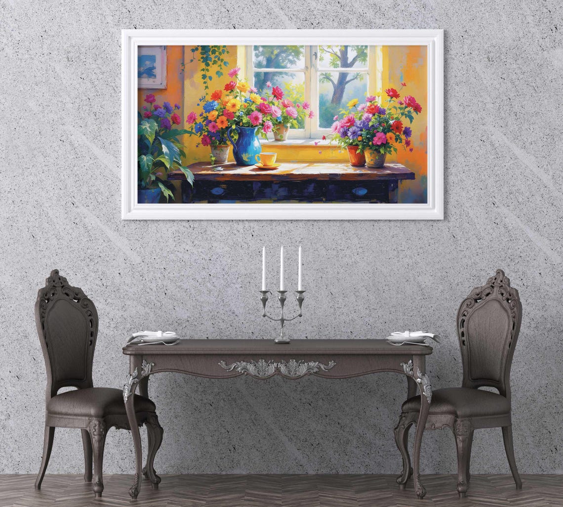 Vibrant Table With Yellow Cup And Blue Pitcher Tv Art Colorful Interior Scene Perfect Home Decor Gift Portrait - Image 3