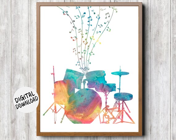 Watercolor Drum Kit With Colorful Music Notes Drummer Gift Poster