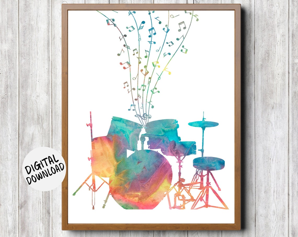 Watercolor Drum Kit With Colorful Music Notes Drummer Gift Poster