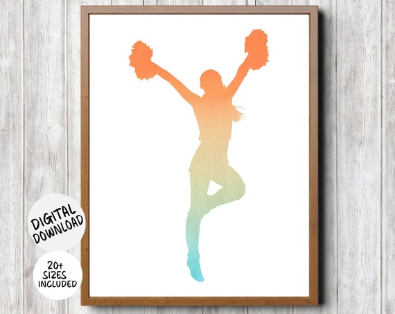 Cheerleader Wall Art Gift Teen Girl Cheerleading Room Decor Turquoise And Orange Ombre Watercolor Female Cheer Print