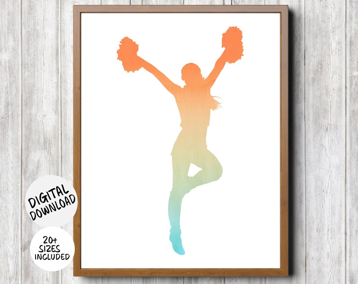 Cheerleader Jump Pom Poms Orange Teal Watercolor Sports Poster