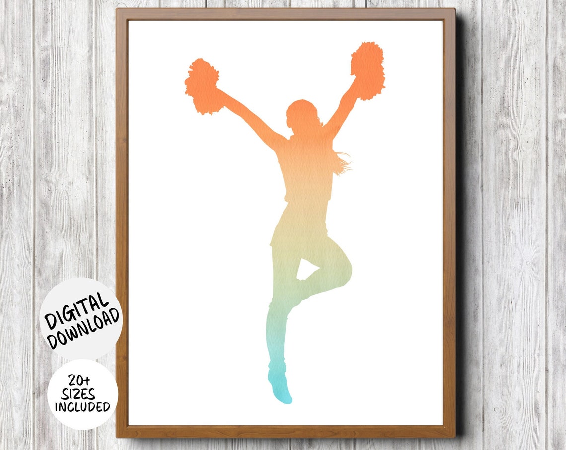 Cheerleader Wall Art Gift Teen Girl Cheerleading Room Decor Turquoise And Orange Ombre Watercolor Female Cheer Print