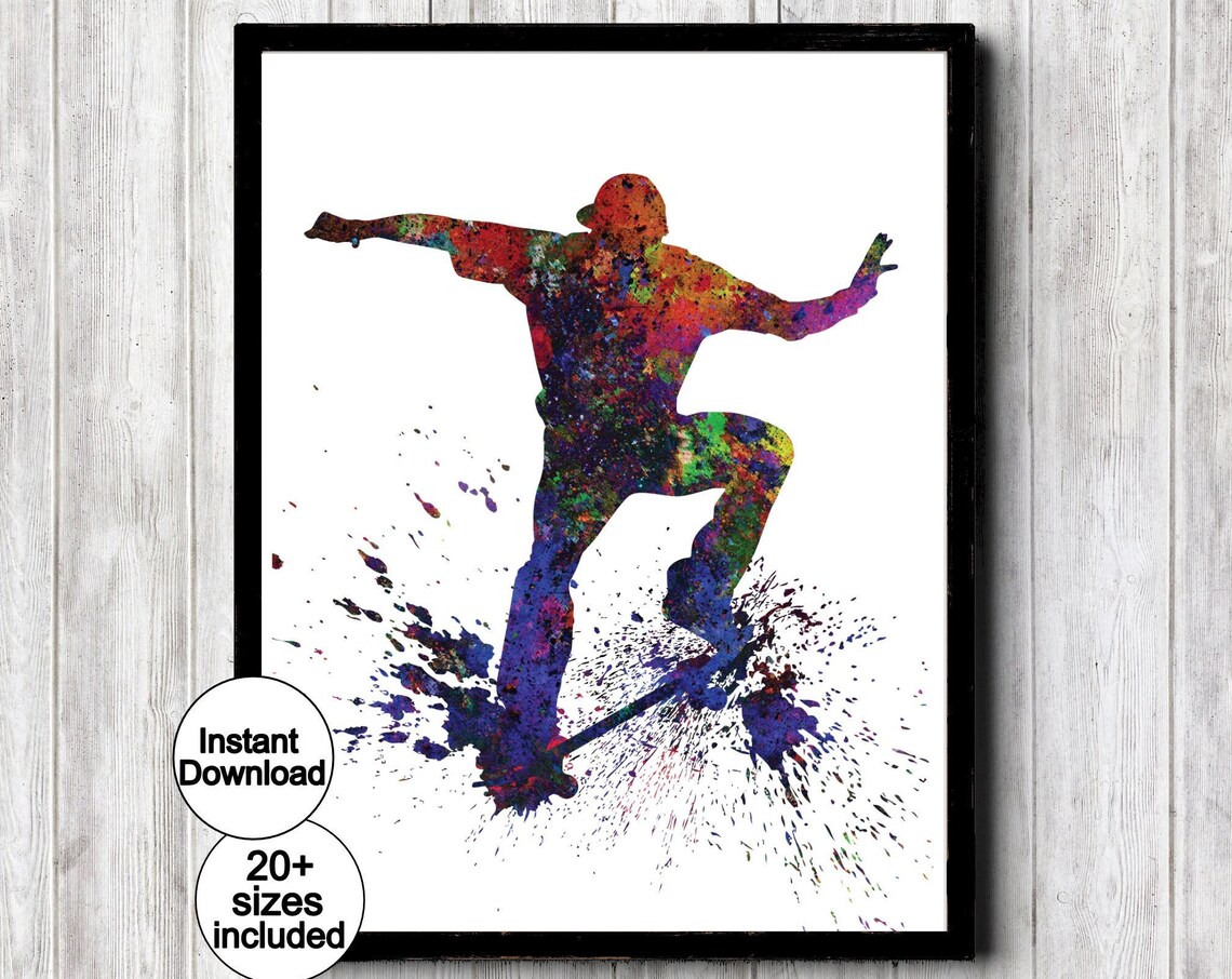 Skateboard Ollie Trick Splatter Watercolor Street Sport Poster