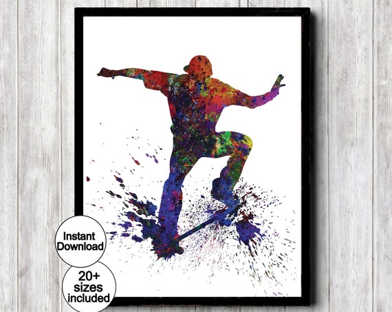 Teen Boy Skateboarder Wall Art Print Street Sport Silhouette Skateboarding Gift For Boyfriend Son Male Watercolor Paint Splatter