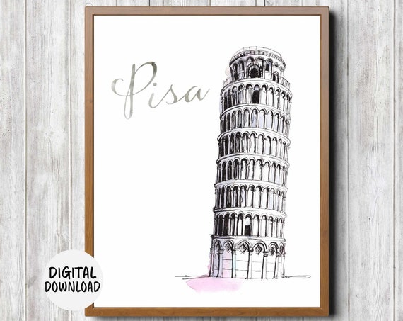 Leaning Tower Of Pisa Italy Themed Wall Art Watercolor Monument Office Wall Art Travel Poster Famous Landmarks