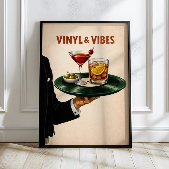 Vinyl Vibes Poster, Retro Cocktail Bar Art Print